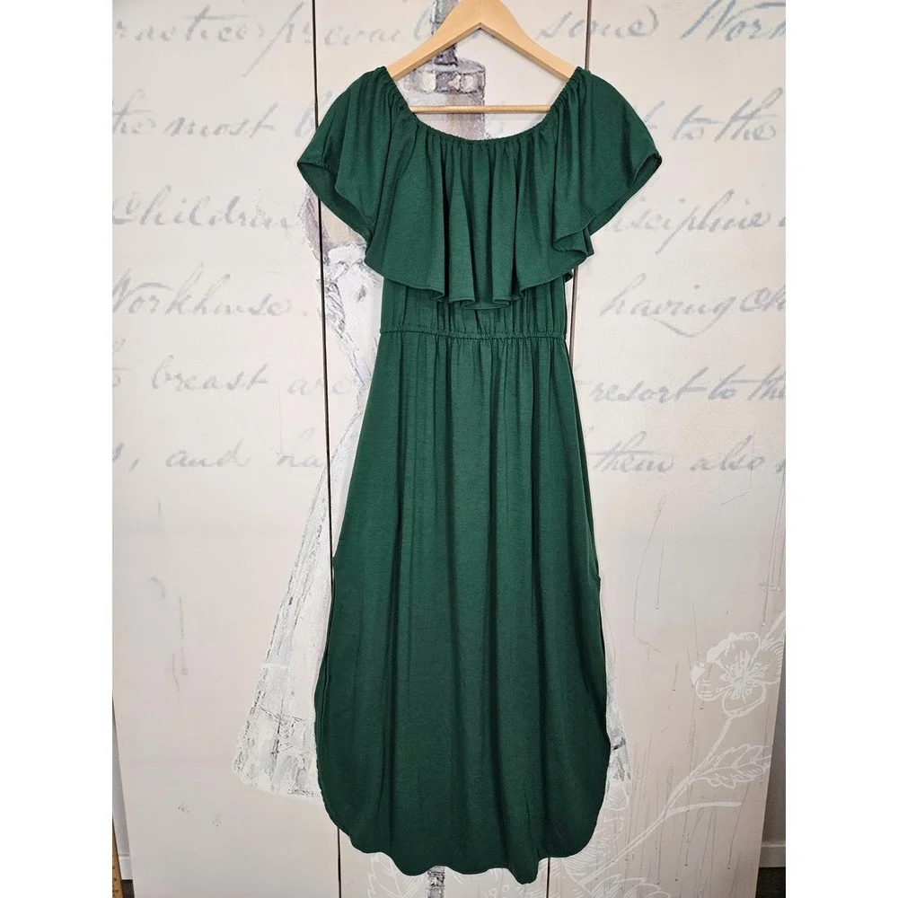 Sarin Mathews Maxi Dress M Green Off Shoulder Ruffle Side Slit Boho Cottagecore
